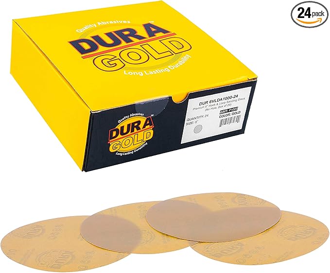 Dura-Gold Premium 1000 Grit 6" Gold Sandpaper Discs, No Hole Pattern Dustless, Box of 24, Hook & Loop Backing for DA Sander, Finishing Coarse Sanding Abrasive Automotive Paint, Woodworking Wood, Metal