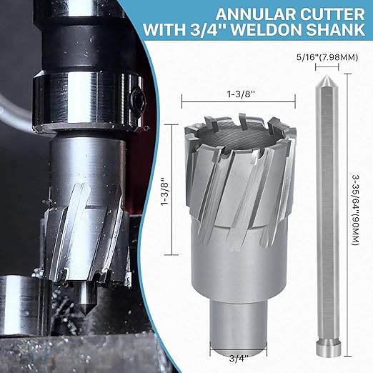 KEENTECH Carbide-Tipped Annular Cutter, 1-3/8" Diameter x 1-3/8" Depth, 3/4" Weldon Shank (2 Flat), High Speed Cutting TCT Mag Drill Bit with Pilot Pin for Harder Material, Stainless Steel, Cast Iron