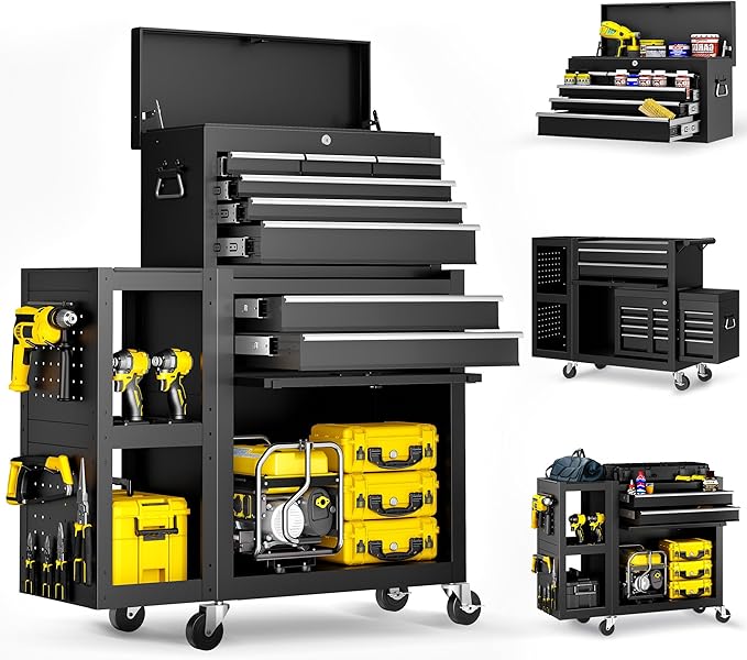 8 Drawers Rolling Tool Chest, Tool Box Detachable Top Metal Tool with Locking System, Protective Mat & Tool Rack, Garage Storage Cart with Side Cabinet, Tool Box for Garage