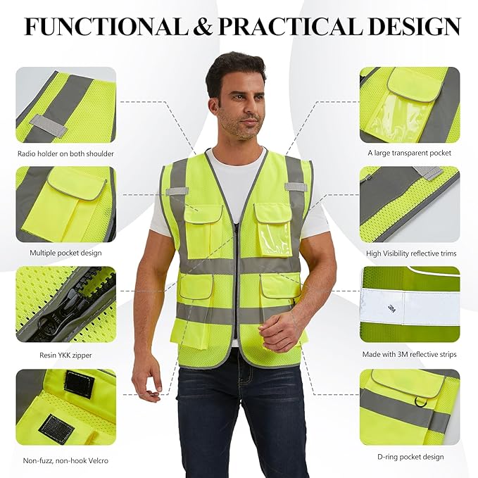 SIFE Reflective Safety Vest High Visibility Vest With 7 Pockets And YKK Zipper, ANSI/ISEA Class 2 Standard, Made With 3M Reflective Tape(03Y-Yellow Mesh,4XL)