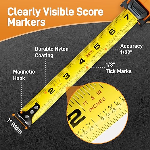 Teslong 3 Pack 25 ft Tape Measure, Retractable Magnetic Measuring Tape, 1/8 Fractions Easy Read Measuring Tape, Self-Locking Tape Measurer with Accuracy 1/32, Magnetic Tip Hook and Belt Clip