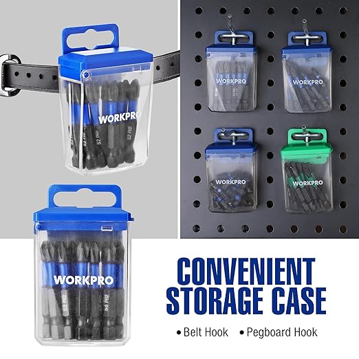 WORKPRO 12pcs PH2 Impact Phillips Screwdriver Bit Set, CNC Machined S2 Steel Tips with Magnetism, 1/4" Hex-Shank Driver Bits, 2" Long Impact Screwdriving Bits with Storage Box