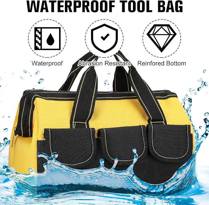 4 Pieces Tool Bag with Waterproof Strong Molded Base Multi Pockets Wide Mouth Tool Tote Multifunctional Tool Bag Large Capacity Organizer Heavy Duty Tool Storage Bag (Yellow,13 Inch)
