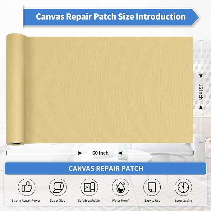 KING MOUNTAIN Canvas Repair Patch 16×60 Inch Self-Adhesive Waterproof Fabric Patch for Sofas, Tents, Furniture,Tote Bags, Car Seats (Beige-1)
