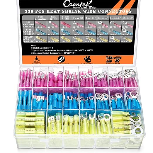 330PCS Heat Shrink Wire Connectors, Marine Grade Heat Shrink Butt Connectors, Waterproof Electrical Wire Terminals Kit 22-10 AWG Insulated Ring Fork Spade Butt Splices for Automotive Boat Truck