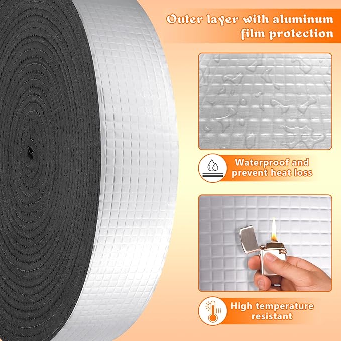 Pipe Insulation Wrap 2" Wide X 32.8 Ft Outdoor Foam And Foil Pipe Wrap Insulation Tape Self Adhesive for Winter Freeze Protection Insulation Wrap for Cold Hot Water Pipes for Reduce Heat Loss (2 roll)