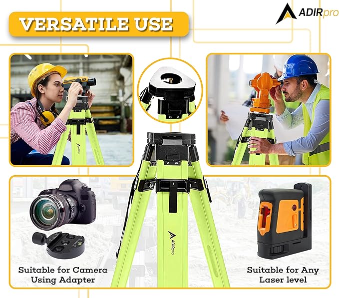 AdirPro Universal Survey Tripod – Laser Level Tripod – Transit Level Tripod - Quick Clamp - Heavy Duty Contractor Tripod 5/8” x 11” Thread (Green Aluminum)