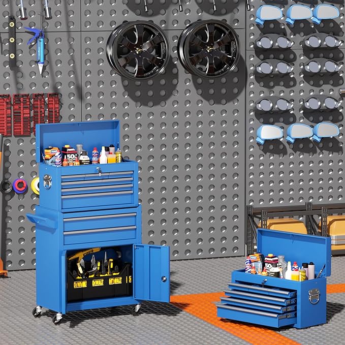 INTERGREAT 8 Drawer Rolling Tool Chest, Assembled Tool Chest with Wheels, 2-in-1 Detachable Steel Toolchest Organizer Combo, Tool Cabinet for Garage, Workstation (Blue)