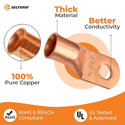 SELTERM 5pcs 4/0 AWG (XL) 1/2" Stud Copper Wire Lugs, Ring Terminals, Battery Cable Ends, 0000 Gauge Ring Terminal Connectors, UL Heavy Duty Bare Copper Eyelets Battery Terminal Connectors