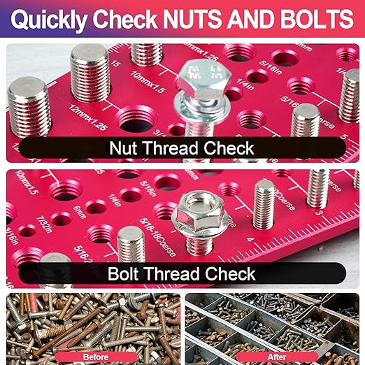 51-in-1 Bolt Size Finder & Thread Checker, 32 Metric & 32 SAE Nut and Bolt Thread Gauge with 19 Drill Bit Checker, CNC-Machined Aluminum Screw Size Chart, Go/No-Go ANSI Standard, Non-Slip Base