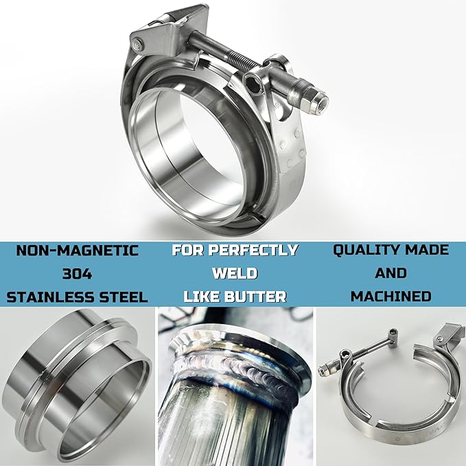 Quick Release Stainless Steel V Band Clamp with Male Female V Band Flange for Exhaust, Turbocharger, Turbo or Downpipe, Sold In Pair (3.0''), Silver