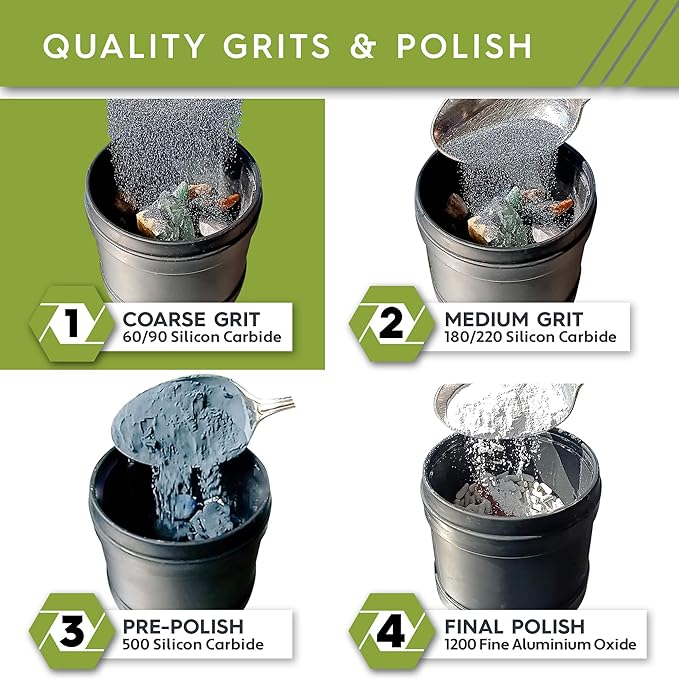 Polly Plastics Rock Tumbler Grit and Polish Refill Media Kit | 4-Steps Supplies for Tumbling and Polishing Stones | Professionals Adults and Kids | Polish 20lbs of Rocks (Bulk Stage 1 Refill)