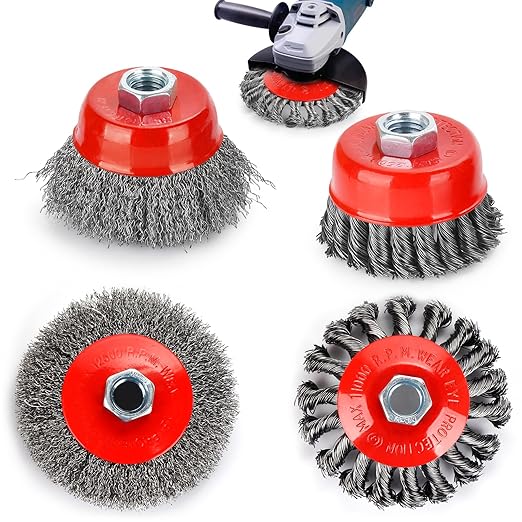 4 PCS Wire Wheel Brush for Angle Grinder, 4” Wheel Brushes, 3” Cup Brush Set for 4 1/2 Grinders, 5/8 -11 Threaded Arbor, 0.020In Twisted Knotted Carbon Steel for Removal Rust