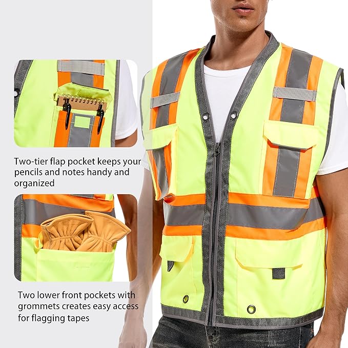 Reflective Safety Vest for Men and Women - Class 2 High Visibility Construction Vest - Dual Tone Reflective Strips