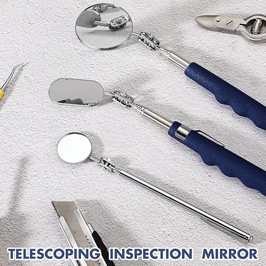 3 Pieces Telescoping Inspection Mirror Stainless Steel Extendable Mechanic Mirror with Long Handle Tool for Technicians Mechanics Contractors (50/25/30 mm,Round,Oval,Round)