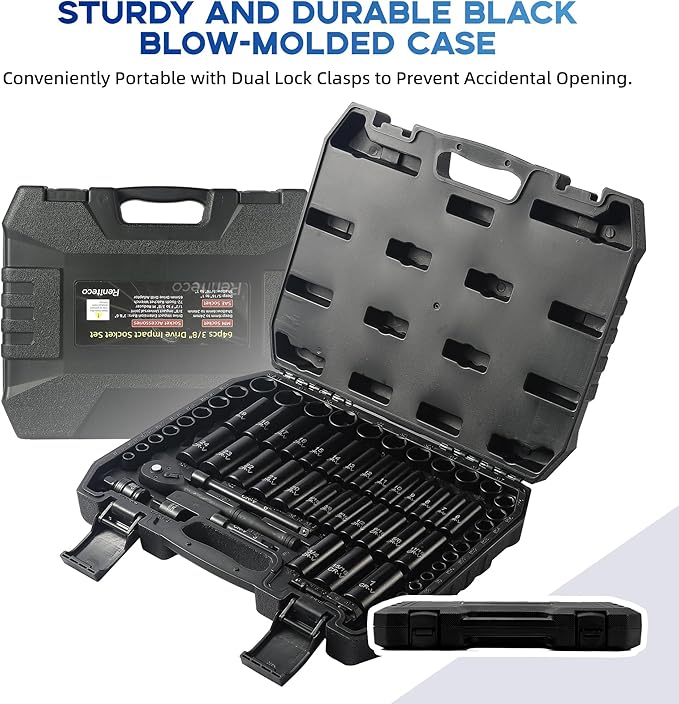64-Piece 3/8" Drive Socket Set, SAE (5/16"-1") & Metric (6mm-24mm), Deep & Shallow, 72-Tooth Ratchet Wrench, Extension Bars, 1/2" F to 3/8" M Reducer, Universal Joint & Power Drill Adapter