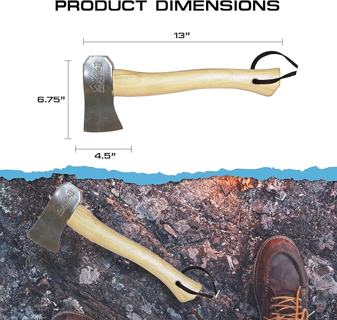 Prandi Axes Camping C45 Forged Carbon Steel Hatchet - Hickory Handle with Leather String - Ideal for Camping, Travel and Bushcraft - S/N 3.051.05.CH - 13" L x 5.22" W, 500g Polished Head, No Sheath