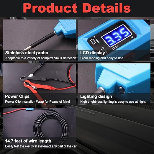 Multifunctional Car Circuit Tester,Digital Display Short Circuit Finder,6-24V AC/DC Car Power Tester, Component Activation Electrical Tester for Trailer Lights Testing/Continuity Testing