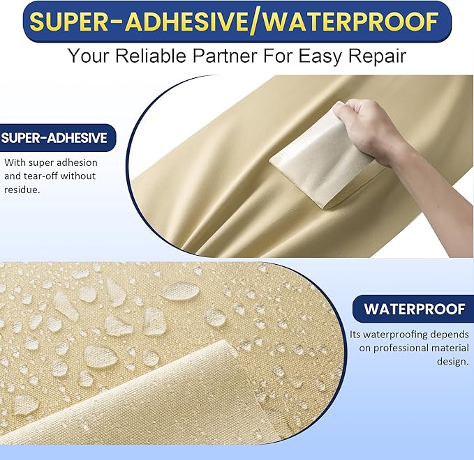 Self-Adhesive Canvas Repair Tape, 16" x 79" Waterproof Canvas Repair Patch, Fabric Patch Repairs Kit for Furniture, Tents, Sunbrellas, Boat Covers Awnings, Couches, Clothes, Bags Light Beige