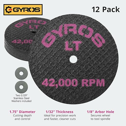 GYROS Cut-Off Wheels for Rotary Tools – 1.75” Low-Tensile Fiberglass Reinforced, 12-Pack | Cuts Wood, Plastic, Stone, Ceramic, Aluminum, Copper, Brass | Made in USA 11-21702/12