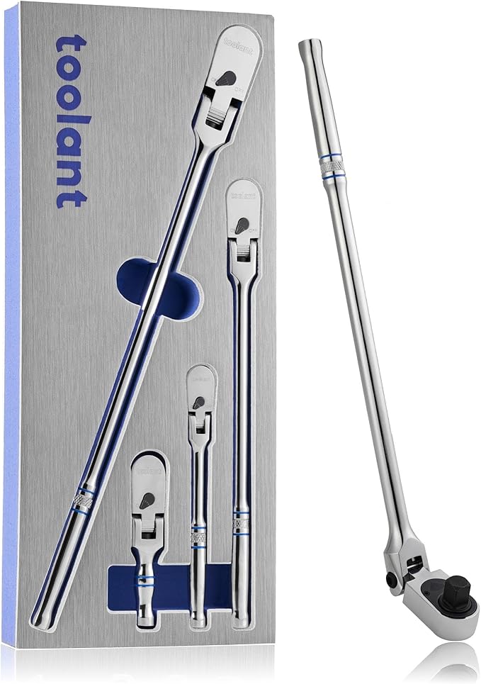 toolant 4Pcs Flex Head Ratchet Set, 1/4“&3/8"&1/2" Drive Gear Wrench Compact Head Ratchet Wrenches, 90-Tooth Gear, 180° Flex, 11 Positions, Longer Handle, 1.5X ASME Durability