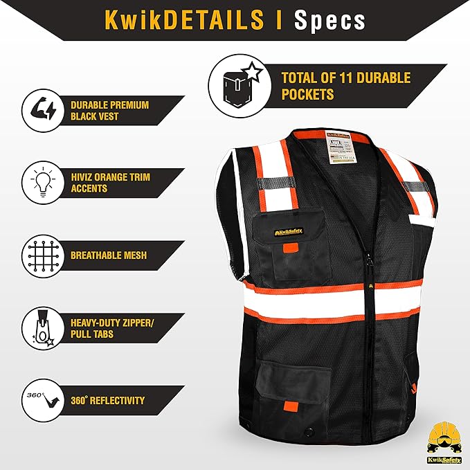 KwikSafety - Charlotte, NC - UNDERBOSS Safety Vest [11 POCKETS] Premium ANSI Class Unrated High Visibility Vest Construction Surveyor Reflective Vest Industrial Work Safety Vest for Men/Black Small