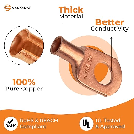 SELTERM 10pcs 6 AWG - 3/8" Stud (Wide Pad) - Battery Lugs, Heavy Duty Wire Lugs, Ring Terminals, Battery Cable Ends,6 Gauge Terminals, UL Bare Copper Eyelets Electrical Battery Terminal Connectors
