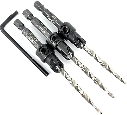 FTG USA Adjustable Wood Countersink Drill Bit Set 3 Pc #8 (11/64") with Tapered Drill Bits for Woodworking