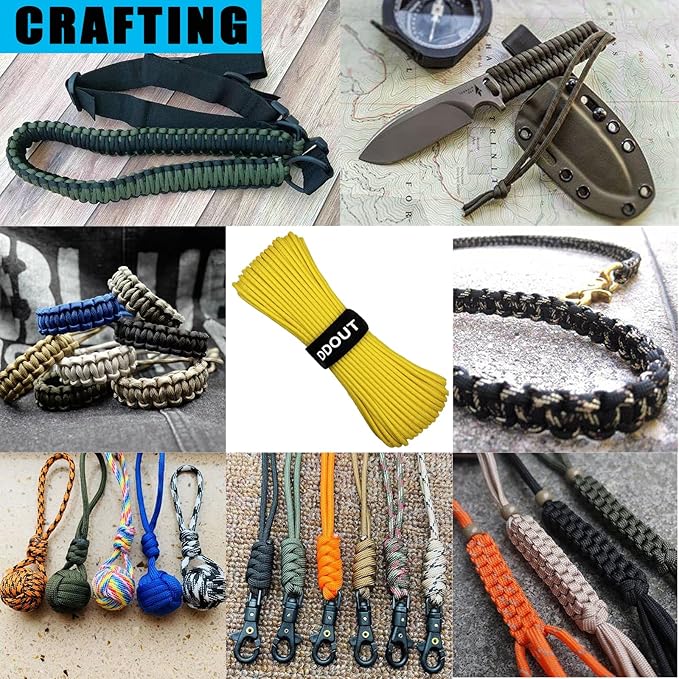 Paracord Nylon Rope Yellow 100ft with 7-Strand Core, 10 Colors and 50/100/200 ft, Type III Parachute Cord 4mm for Camping, Survival, Hiking, DIY, Crafting, Outdoor Utility Rope
