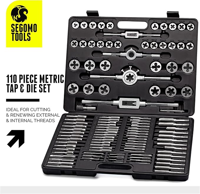 Segomo Tools 110 Piece Hardened Alloy Steel Metric Tap And Die Threading Tool Set With Storage Case | Metric Tap and Die Set | Rethreading Kit | Tap Set | Tap and Die Kit - TD110MM