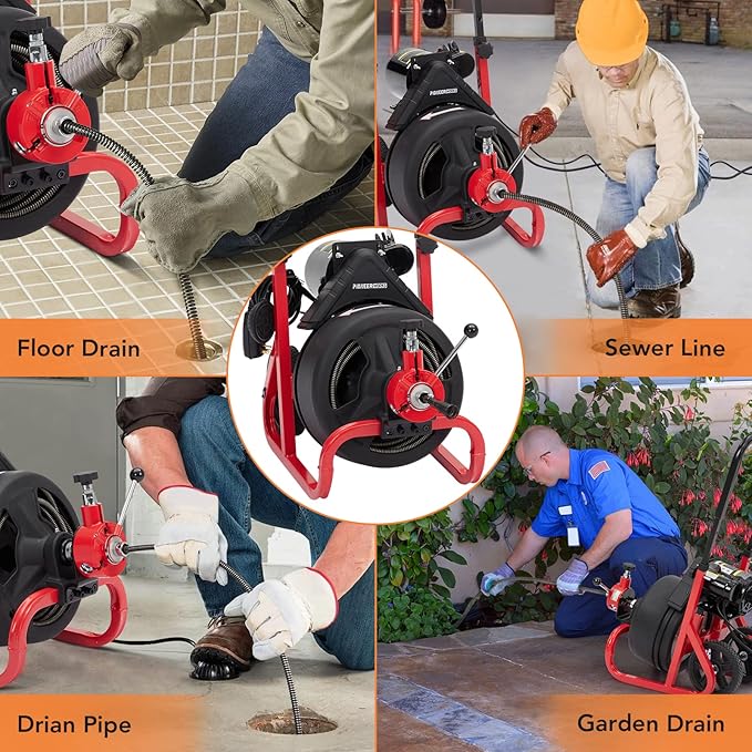 PIONEERWORKS 75Ft x 1/2 Inch Drain Cleaner Machine, Auto-feed Electric Drain Auger Professional for 2 to 4 Inch Pipes, with 6 Cutters, Glove, Drain Auger Cleaner Sewer Snake