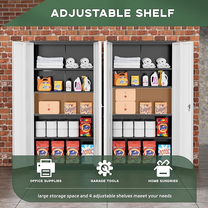 Greenvelly Metal Garage Storage Cabinet, 72" Black Gray Tool Steel Locking Cabinet with Doors and 4 Shelves, Tall Cabinets for Garage Storage Systems Lockable File Cabinet for Home Office,Garage