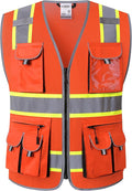JKSafety 10 Pockets Hi-Vis Neon Color Frontal Zipper Mesh Safety Vest for Men Women Safety Utility for works Comply to ANSI/ISEA Class 2 (86-Orange L)