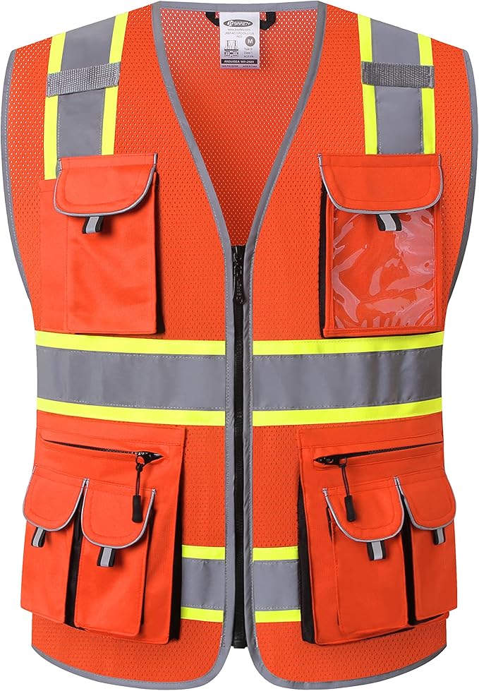 JKSafety 10 Pockets Hi-Vis Neon Color Frontal Zipper Mesh Safety Vest for Men Women Safety Utility for works Comply to ANSI/ISEA Class 2 (86-Orange XXL)