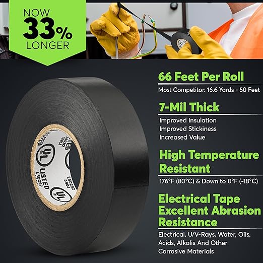 Black Electric Tape - Professional Grade - 3/4 inch x 66ft - PVC Electrical Insulating Tape for All Weather - U/L Approved - Waterproof - Home Improvement Electrical Equipment - Pack of 6