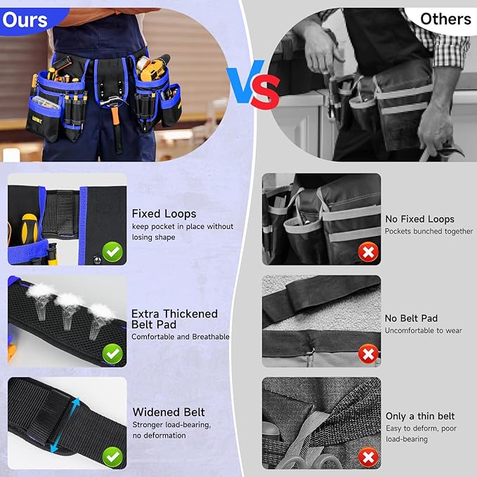 Tool Belt,Magnetic Tool Pouch,27-Pockets Heavy Duty Padded Tool Belts for Men,Detachable & Adjustable Tool Pouch Bag for Electrician,Carpenter,Construction,Work Apron,Utility Belt,Black,Blue