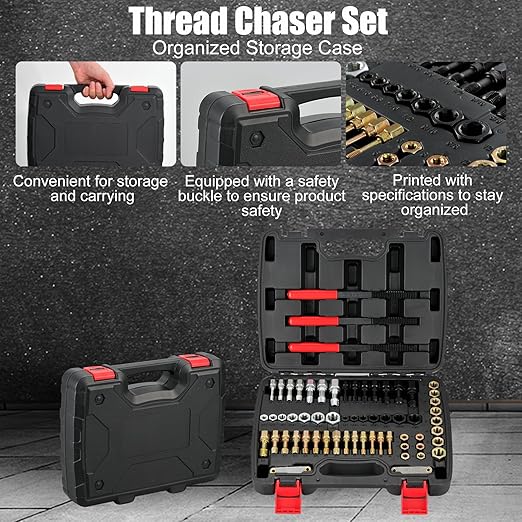 MAXMAN 61Pcs Thread Chaser Set, Thread Restorer Kit & Rethread Repair Tool, SAE & Metric Thread Chaser Set, Bolt Thread Repair Kit with Thread Pitch Gauge - Restore Rusted Bolts, UNC/UNF/Metric