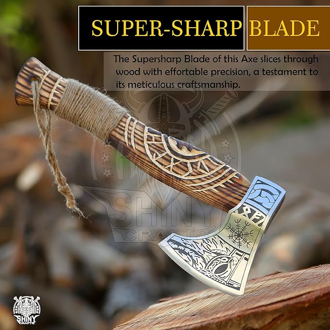 SHINY CRAFTS | Custom Handmade Carbon Steel Viking Axe,Valentine's Day Gift, Birthday Gift for him, Leather Wrapped Handle and Leather Sheath (VBA-19) (VBA-14)