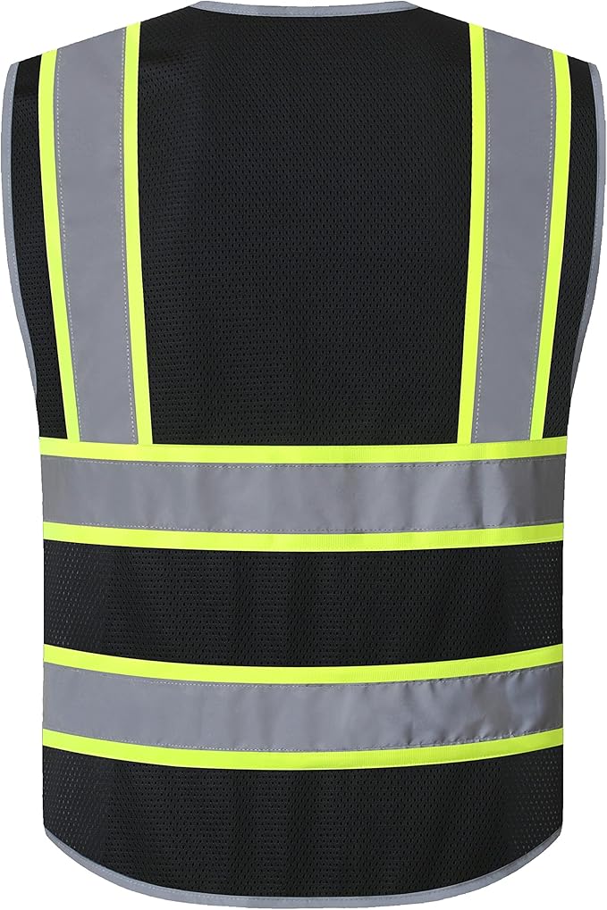 JKSafety 10 Pockets Hi-Vis Neon Color Frontal Zipper Mesh Safety Vest for Men Women Safety Utility for works Comply to ANSI/ISEA Standards (86-Black XXL)