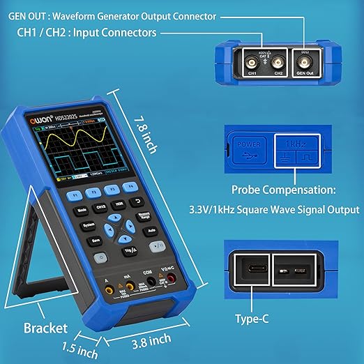 HDS2202S Oscilloscope, 200MHz Bandwidth Oscilloscope Multimeter, 3 in 1 Function Dual Channel Oscillograph with Waveform Generator, 3.5" High Resolution LCD