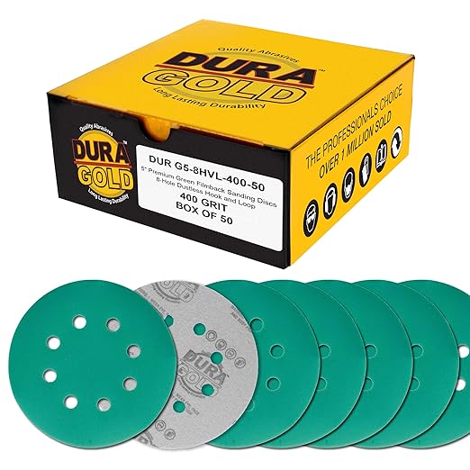 Dura-Gold Premium 400 Grit 5" Green Film Sanding Discs, 8-Hole Pattern, Box of 50 - Dustless Hook & Loop Backing Sandpaper for DA & Random Orbital Sanders, Sand Automotive Paint Woodworking Furniture