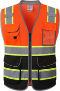 JKSafety 9 Pockets Hi-Vis Safety Vest High Visibility Reflecitive Mesh Safety Vests for Men and Women Cushioned Collar Work Utility PPE Work Gear ANSI/ISEA compliant Class 2 (101-OBlk L)