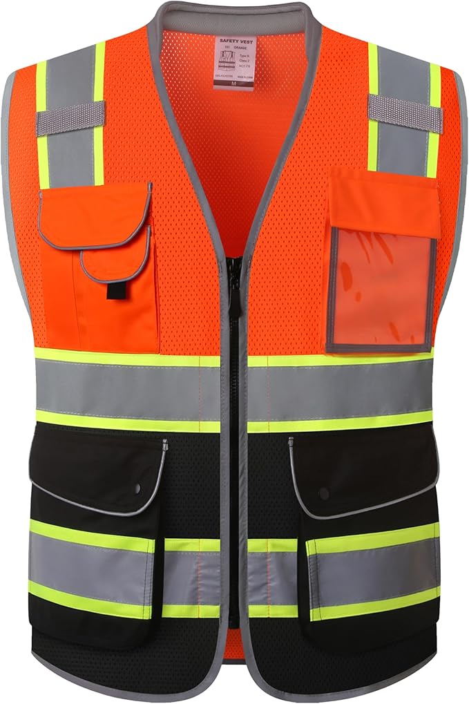 JKSafety 9 Pockets Hi-Vis Safety Vest High Visibility Reflecitive Mesh Safety Vests for Men and Women Cushioned Collar Work Utility PPE Work Gear ANSI/ISEA compliant Class 2 (101-OBlk 3XL)