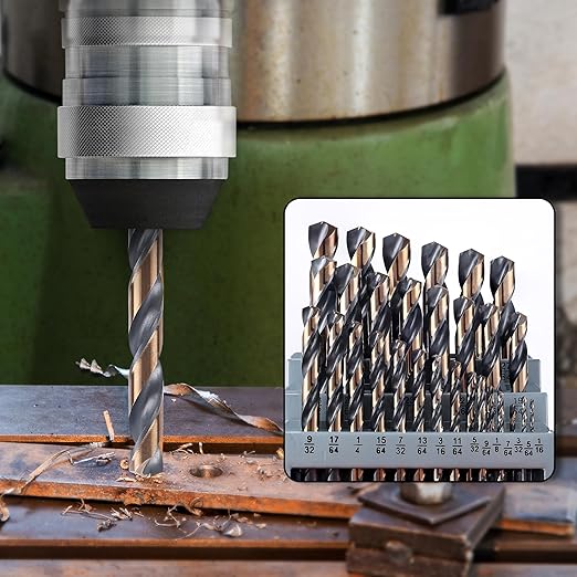29Pcs Cobalt Drill Bit Set, 135 Degree Tip High Speed Steel with Black and Gold Finish, Stainless Steel, Plastic, and Wood with Metal Indexed Storage Case 1/16"-1/2"