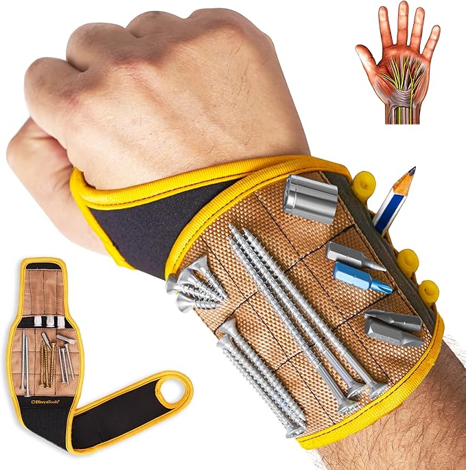 BINYATOOLS Magnetic Wristband -Coyote Brown- With Super Strong Magnets Holds Screws, Nails, Drill Bit Unique Wrist Support Design Cool Handy Gadget Gifts for Fathers, Boyfriends, Handyman, Electrician