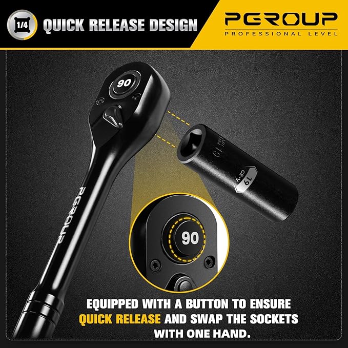 1/4-Inch Drive Ratchet Wrench, 90 Tooth Reversible Ratchet, 4-Degree Swing, Ergonomic Handle, Chrome Alloy Made, Quick Release Ratchet Wrench for Repairing, Home, DIY