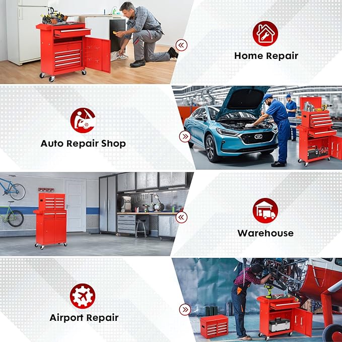 5-Drawer Rolling Tool Chest with Wheels - High Capacity Tool Cabinet with Detachable Top Toolbox for Garage and Workshop Organization - Metal Tool Cart with Liner & 4 Hooks, Red