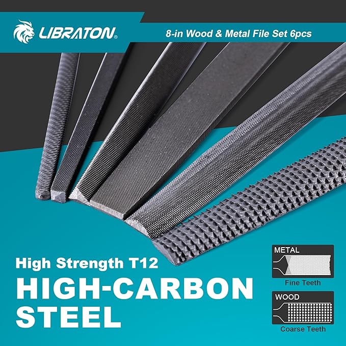 Libraton 6PCS Metal File Set, Metal Files, Metal Files for Steel, 5 Metal Rasp Files, 1 Wood File, 8" High-Carbon Steel Files with Rubber Handle, for Metalworking & Woodworking