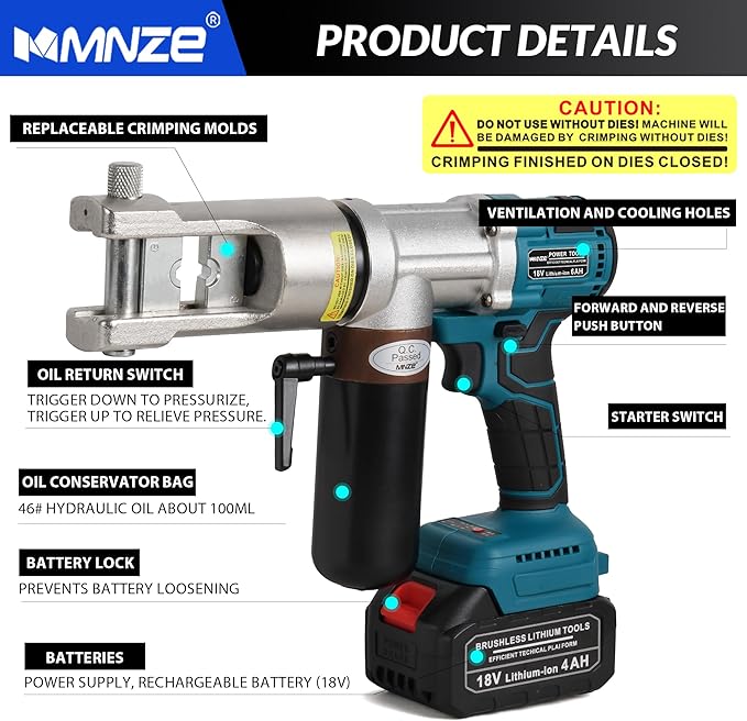 Electric Hydraulic Cable Lug Crimping Tool 9 Ton Hydraulic Electrical Wire Terminal Cable Lugs Crimper Rechargeable Crimping Tool Kits with 11 Dies, 8 AWG to 500 MCM