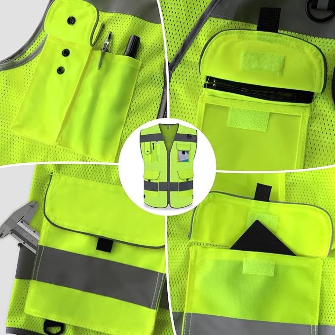 TCCFCCT Mesh High Visibility Safety Vest for Men Women 9 Pockets Hi Vis Reflective Vest for Safety, Work Vest with Reflective Strips, Meets ANSI/ISEA Standards, (Yellow, 4X-Large)